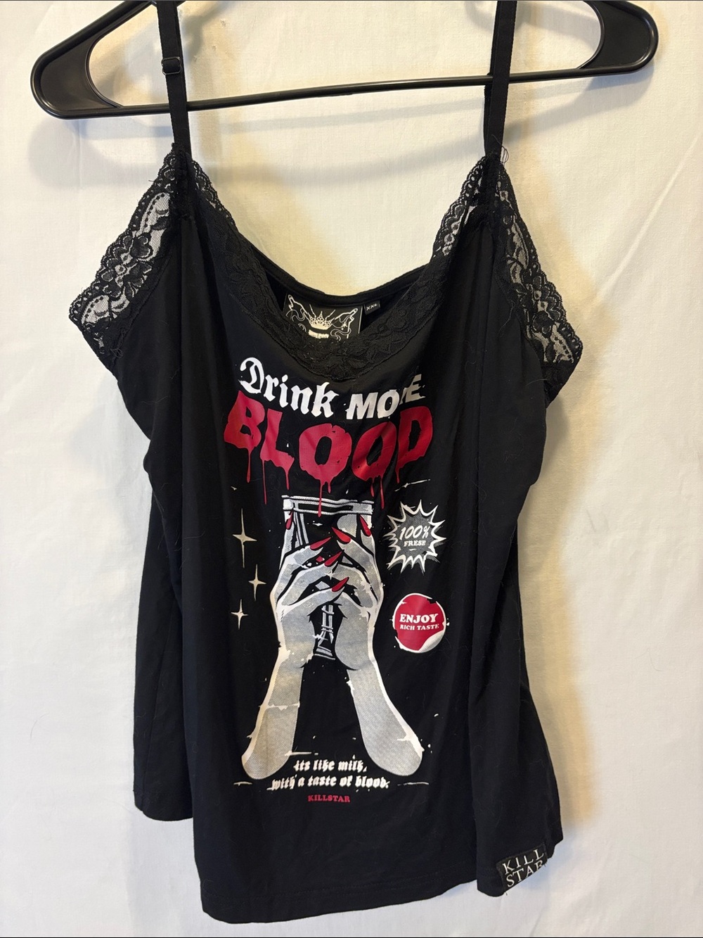 Killstar Black Lace-Trim 'Drink More Blood' Graphic Cami